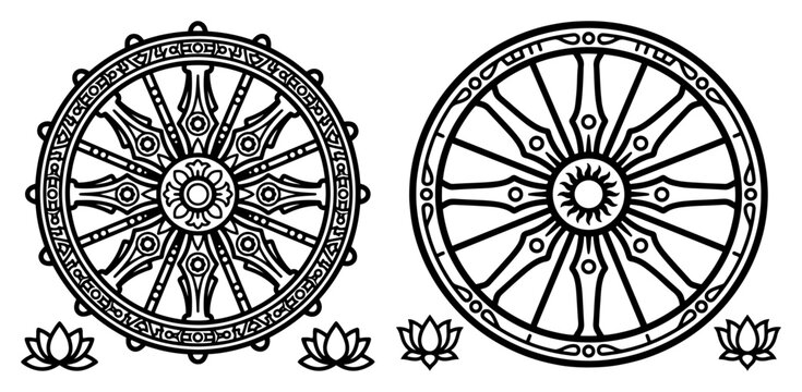 Dharma chakra wheels with lotus flowers in buddhist religious style