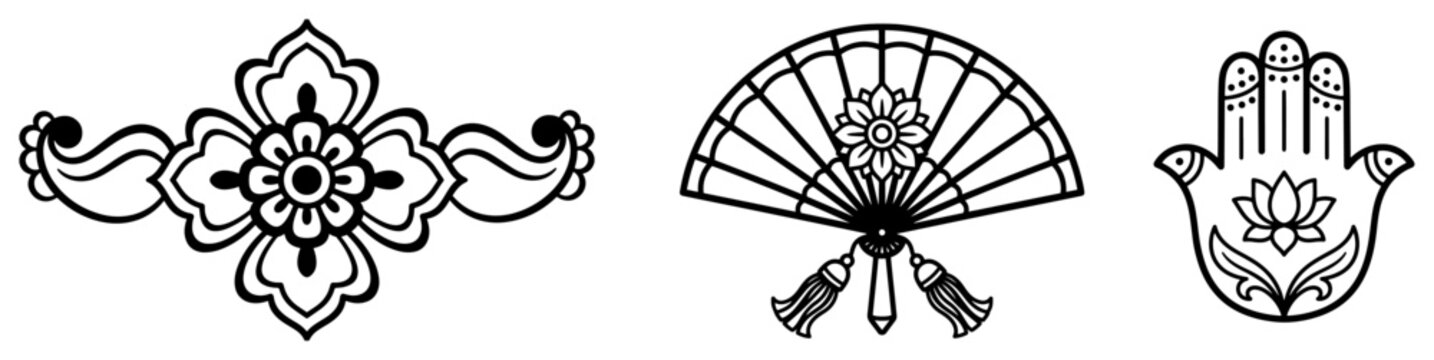 Set of spiritual symbols featuring hamsa hand folding fan and floral ornament in decorative style