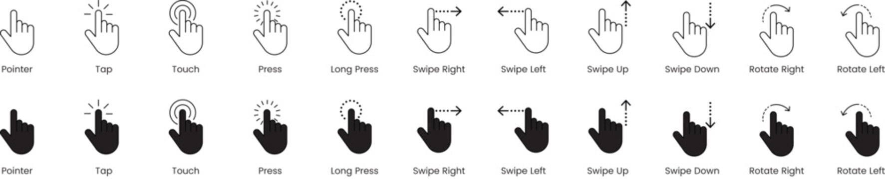 Hand click and touch gesture icon set, pointer, cursor, touch, press, long press, swipe right and left, up and down, rotate, editable stroke, vector