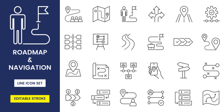 Roadmap and navigation line icon set, direction, route, pathway, map, planning, milestone, location, goal, success, symbol, editable stroke, vector