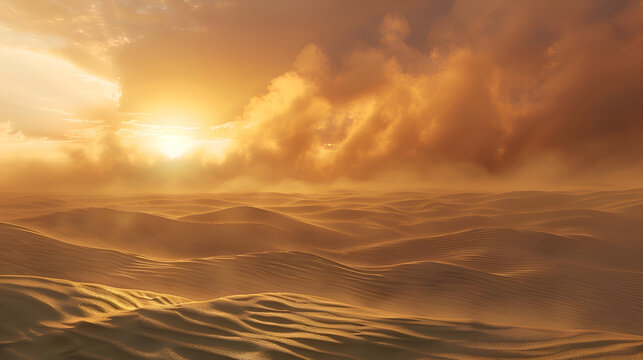 Golden sunset over vast desert landscape with rolling sand dunes and dramatic clouds