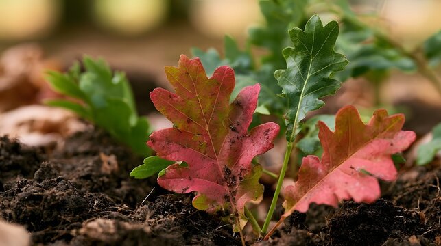 Close up of young oak saplings with red and green leaves emerging from dark soil  showing natural texture and earthy tones