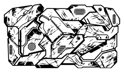 Scratched sci-fi armor plating and futuristic mechanical panels in distressed tech style © Tomas