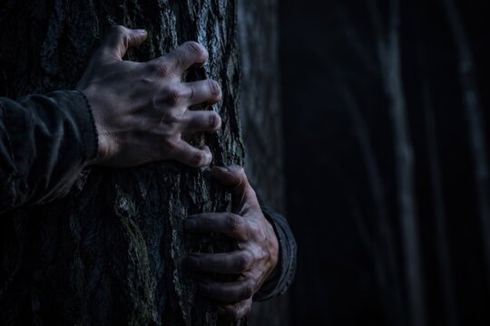 Person hands gripping textured tree bark in dark forest atmosphere at night time sce