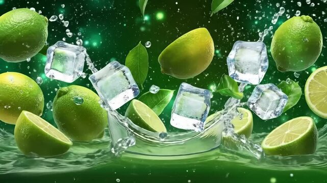Limes, lime slice, ice cube and splash of water on green background. Abstract background with fresh food and drink concept. Motion backdrop.