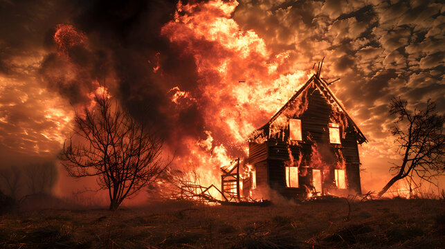 Dramatic rural house fire under intense sky with flames and smoke