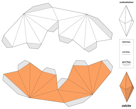 DIY scalenohedron paper fold template. Calcite dogtooth crystal models with fold lines, cut lines and glue flaps, geometric mineralogy vector diagram.