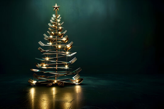 Creative christmas tree made of forks and spoons with warm lights