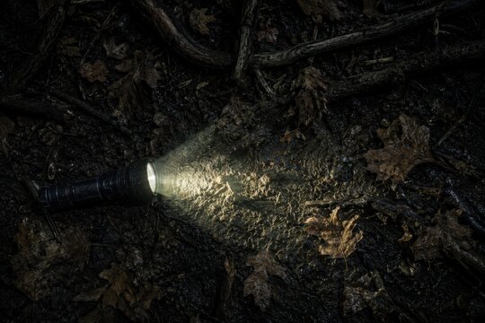 Black flashlight lying on wet leaves and mud in dark forest at night scene sto