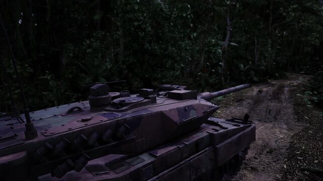 Camouflage tank blending into dense foliage at dusk, paint pattern and texture merge with leaves and shadows ideal closestudy of visual concealment,