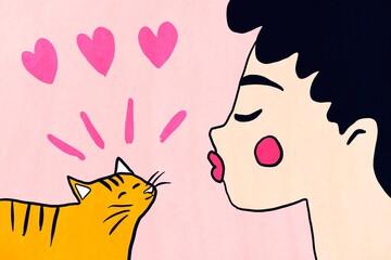 Cute illustration of woman kissing a cat with hearts