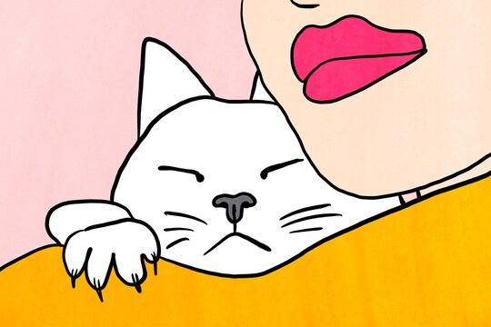 Cozy pet love with cat cuddle in cute pop art scene