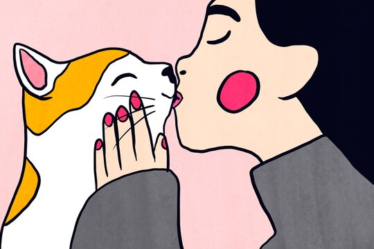 Woman kissing pet cat in cute modern flat illustration