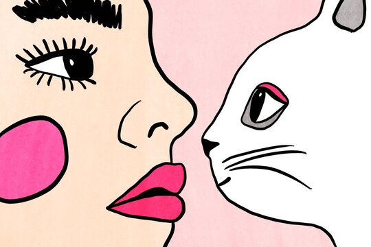 Close-up illustration of woman and cat in tender love