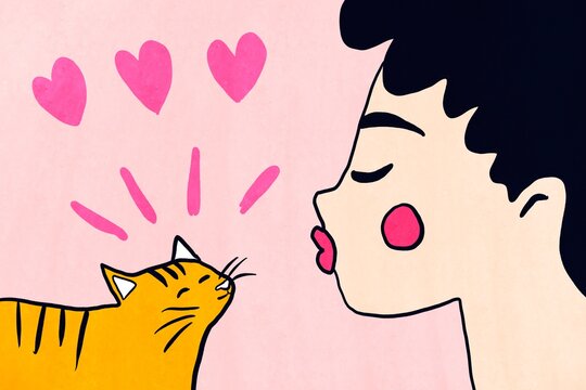 Cute illustration of woman kissing a cat with hearts