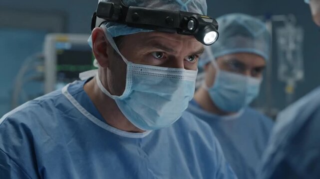 Diverse team of professional surgeons performing a complex surgical procedure in a sterile operating room