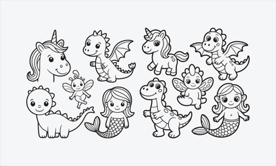 Fototapeta premium Magic fantasy creatures cute Unicorn, Dragon, Dinosaur, Fairy and Mermaid vector illustration