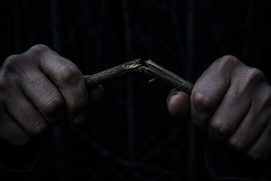 Hands breaking a twig in dark environment with harsh lighting