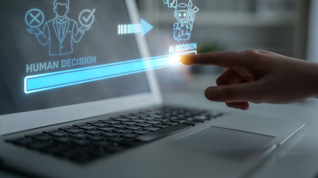 Human Decision vs AI Decision Concept with Finger on Laptop Screen Illustrating the Transformation in Decision-Making Processes. Liminal.
