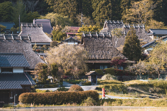 Thatched roof building in the Japanese traditional old village, Kayabuki Tamba Kogen Quaisi National Park. Miyama Japan