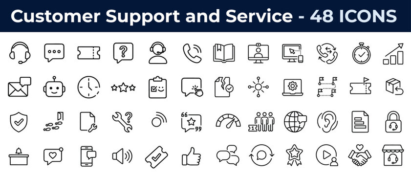 Customer support and service icons set - 48 line icons. Help desk, live chat, call center, FAQ, chatbot, ticket, feedback, knowledge base, support agent, satisfaction. editable stroke. vector design.