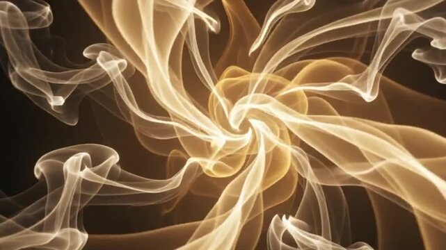Abstract golden smoke swirl background, elegant flowing light waves forming a spiral vortex on black background
