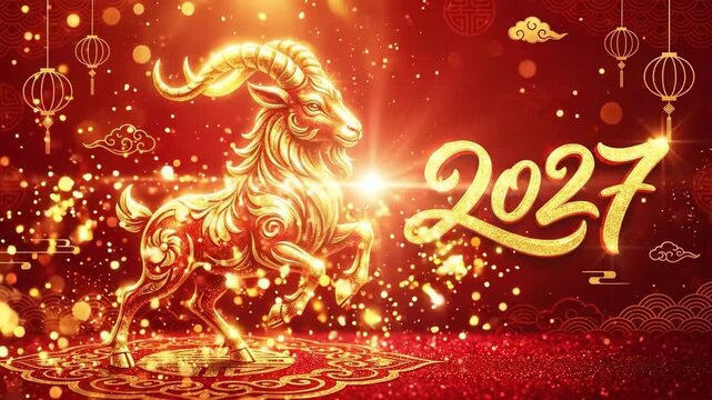 Golden fire goat leaping on ornate red platform. Chinese zodiac symbol for 2027 New Year. Festive year of the sheep illustration with lanterns clouds and golden numerals