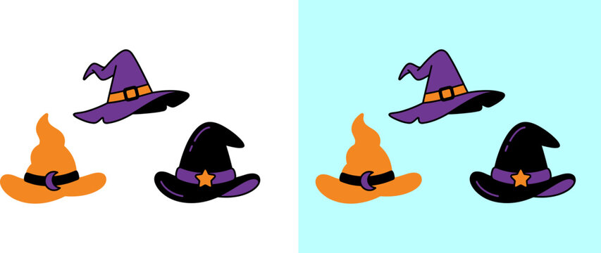 Collection of five unique witch hats in purple and orange