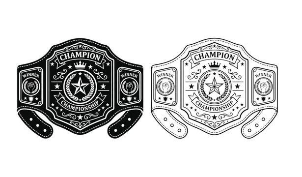 Championship belt vector set with filled and outlined award belt illustrations isolated on white background