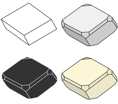 Rhombohedron crystal habit with combined faces. Dolomite crystal forms with dominant rhombohedral morphology, geometric mineralogy vector diagrams.