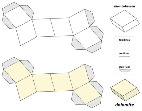 Rhombohedron crystal paper model template set. Printable 3D geometric shape net for cutting and gluing, dolomite crystal habit educational papercraft worksheet.