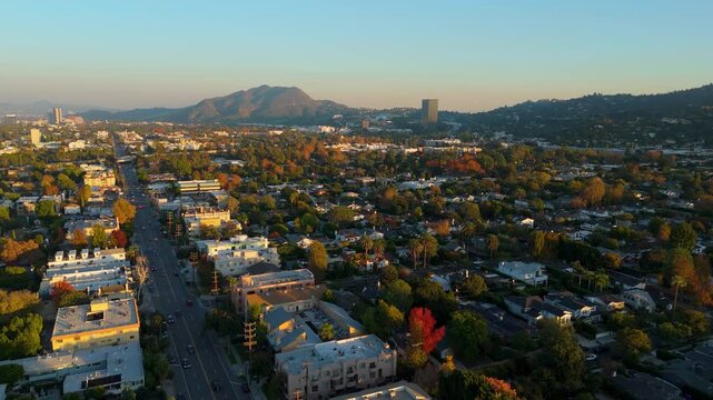 Aerial Panorama of Studio City and Universal City at Golden Hour, Los Angeles, California