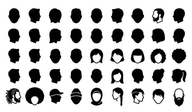 Modern Black Head Silhouette Collection with Human Profile Avatar Icons