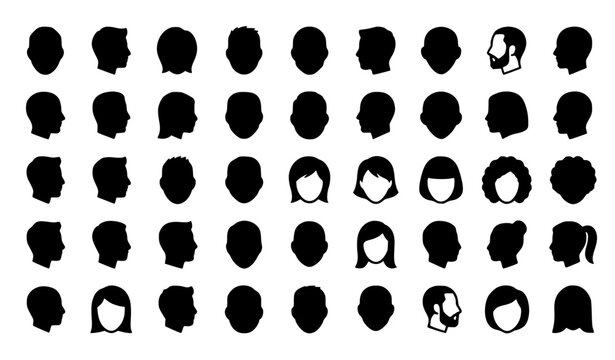 Black Head Silhouette Icon Set on White Background with Profile Avatar Collection