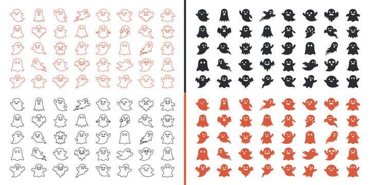Spooky Ghost Icons: A collection of diverse ghost icons, presented in playful and stylized designs, perfect for Halloween themes and graphic elements.