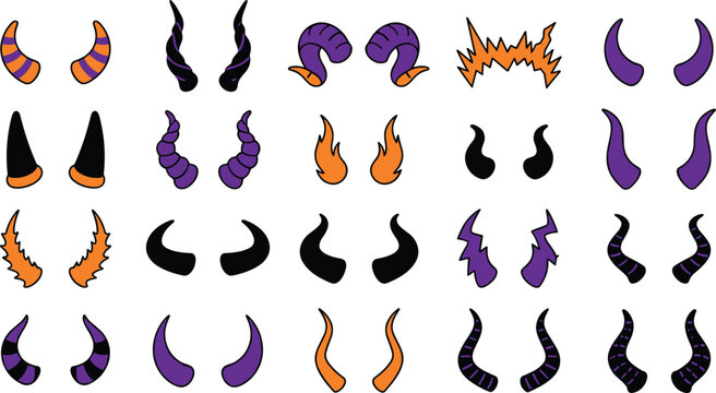 Halloween horn icon collection featuring devil demon monster and fantasy horns with flat vector illustration set