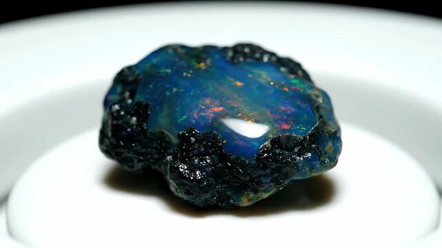 Dark Opal Gemstone With Blue Fire and Orange Play of Color on White Stand