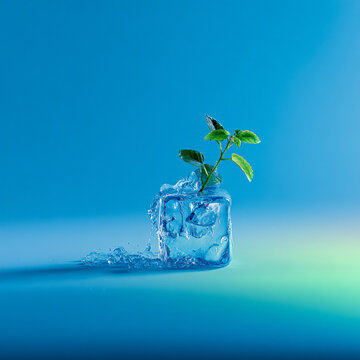 Transparent glass jar filled with water and a green plant, water splashing out, set against a vibrant blue background with soft lighting effects