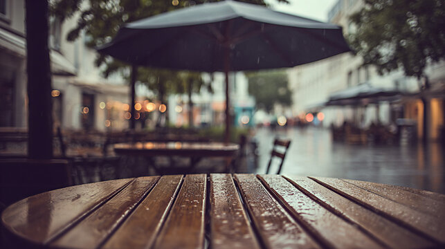 Wooden table with raindrops in a cafe setting, umbrellas and blurred outdoor seating visible in the background on a rainy day