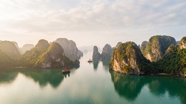 Majestic Limestone Karsts at Ha Long Bay: Serene emerald waters reflect the dawn light kissing the towering limestone karsts of Ha Long Bay, Vietnam.