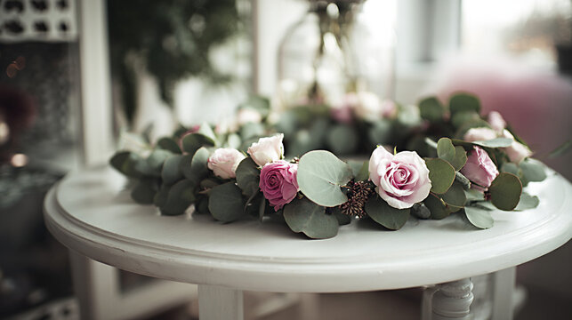 Floral wreath made of pink and white roses with eucalyptus leaves arranged on a round white table in a softly lit indoor setting