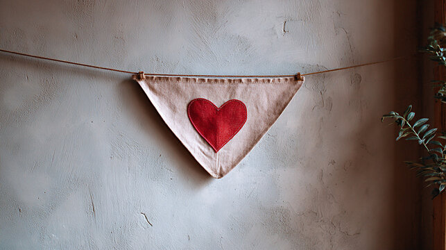 Fabric bunting with a red heart design hanging on a textured wall, adding a decorative touch to the interior space in a cozy setting