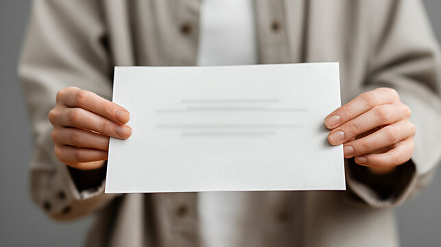 Person holding blank white paper in hands, wearing a light-colored shirt, with a neutral background creating a minimalistic and clean aesthetic for various uses