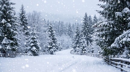 snowy road in forest with trees and fence on a winter day © shenash