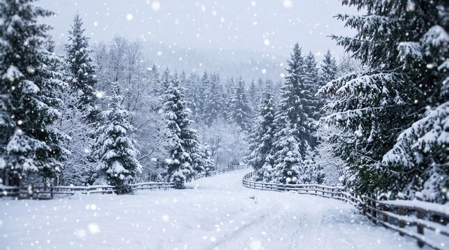 snowy road in forest with trees and fence on a winter day
