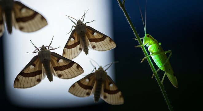 Nighttime portraits of moths at light traps, glow of bioluminescent species, or katydids on stems