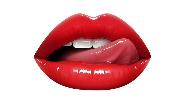Red lips with tongue out isolated on transparent background