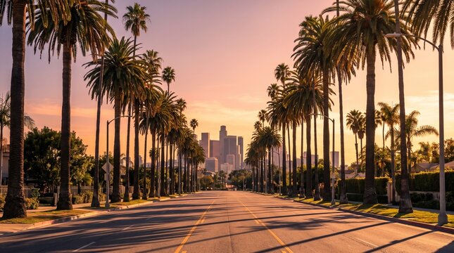 Palm Tree Lined Avenue with City Skyline at Sunset: A picturesque street lined with majestic palm trees leads towards a distant city skyline, bathed in the warm, golden hues of a breathtaking sunset.