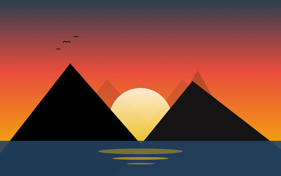 Minimalist mountain landscape illustration with big sun and lake at sunset