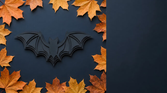 Halloween, autumn leaves, black bat, dark background, seasonal decoration Halloween